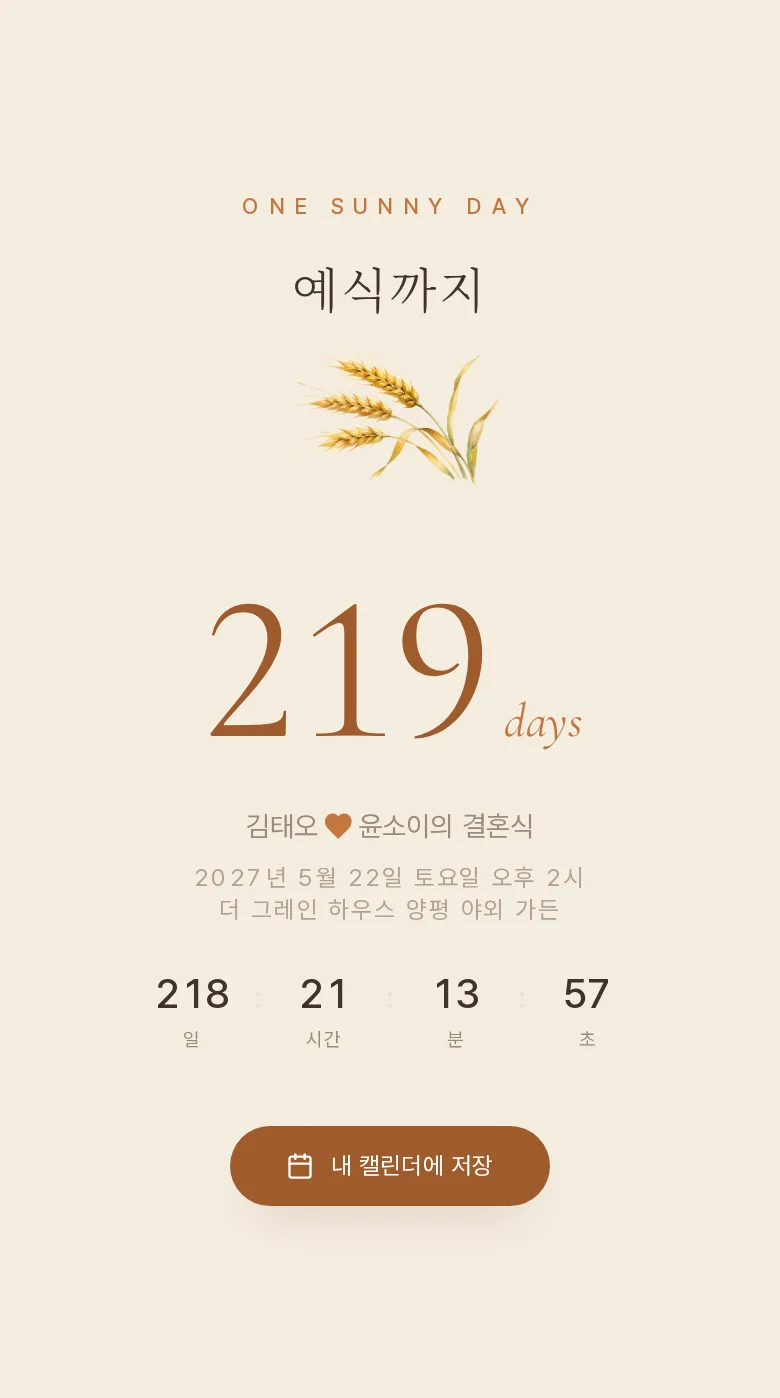 컨트리 모바일 청첩장 디자인 예식 날짜 화면